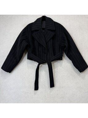 AQ/AQ Jacket Womens 8 Blue Wool Pinstripe Belted Cropped Sana Tie Waist